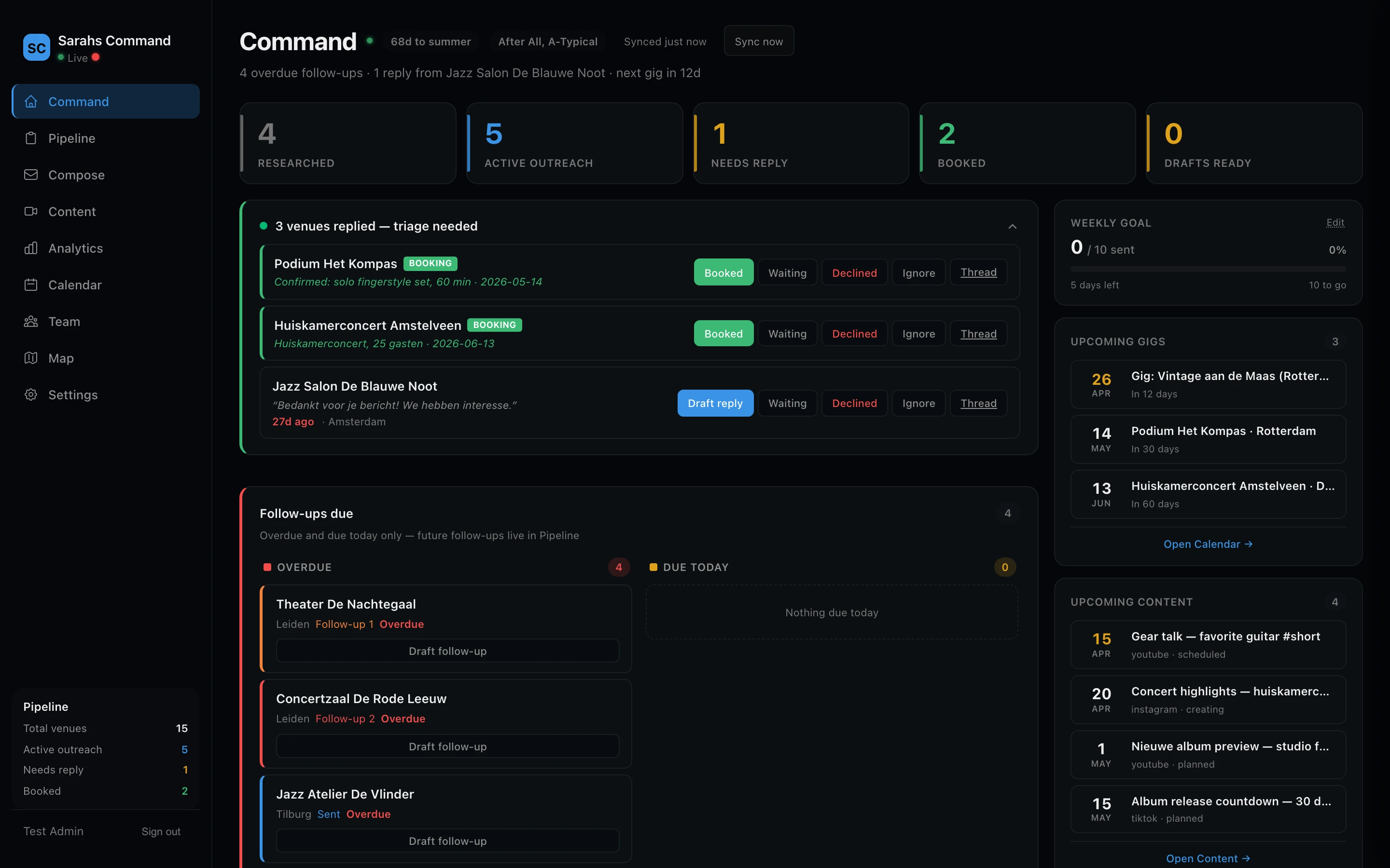 TourConductor command dashboard with pipeline overview